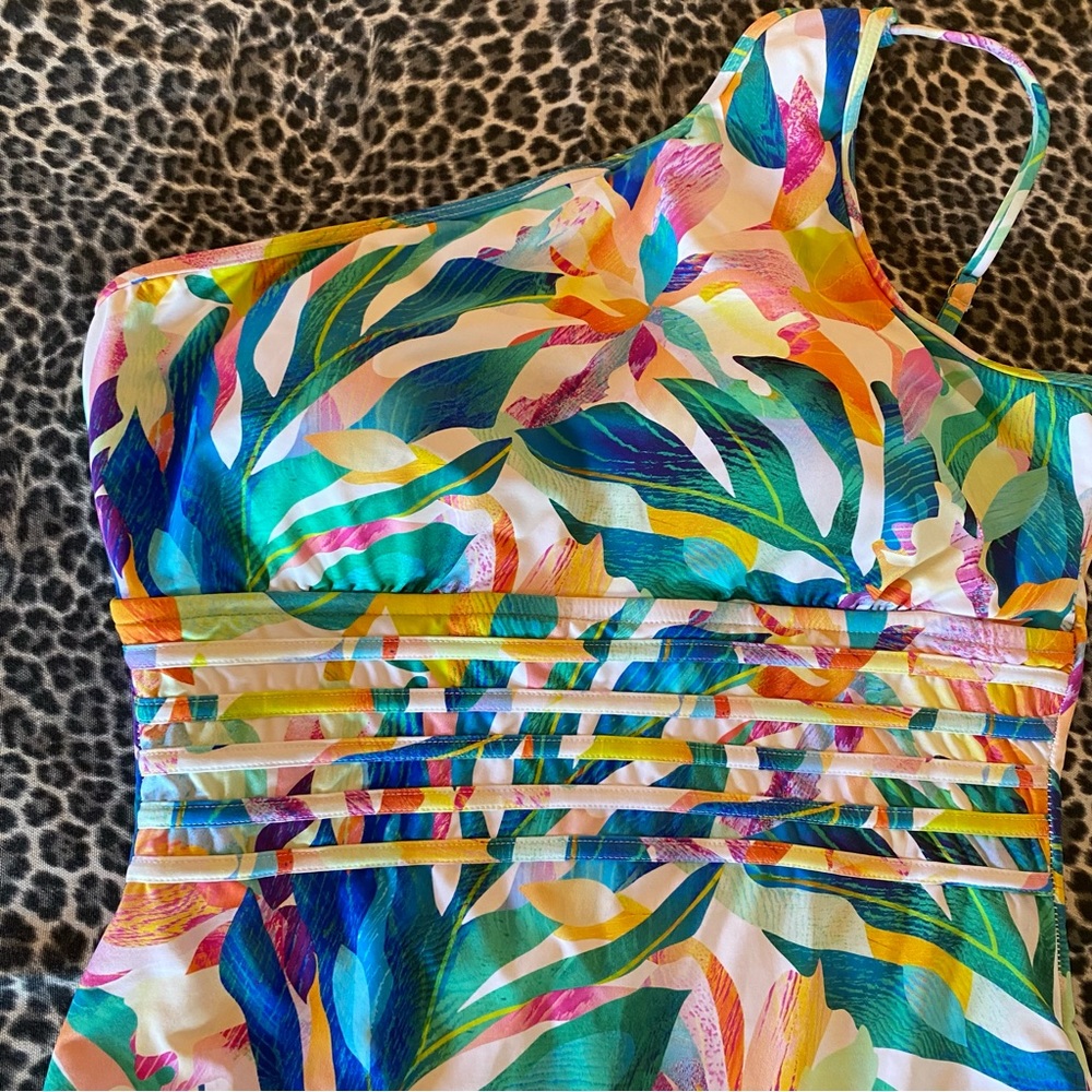 LA BLANCA Wild Tropic One Shoulder Tropical Floral Multicolor One Piece EUC 14 - Picture 8 of 10